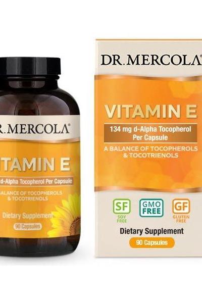 Dr. Mercola Vitamin E supplement, 90 capsules, promotes cell health and protects against oxidative stress.