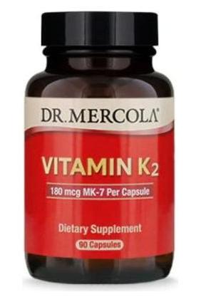 Dr. Mercola Vitamin K2 dietary supplement bottle with 180 mcg MK-7, 90 capsules for bone health.