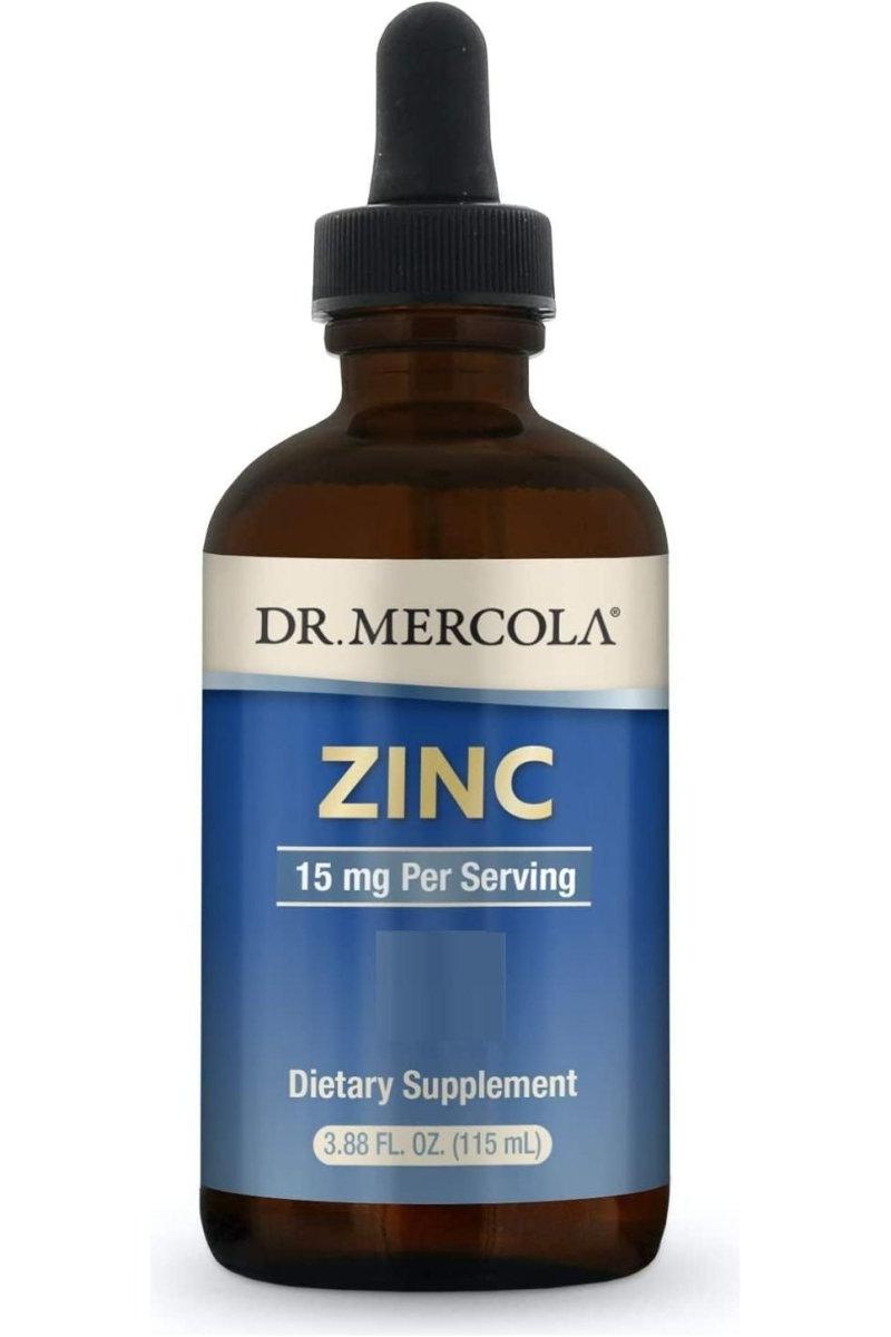 Dr. Mercola Zinc dietary supplement, 115 ml bottle with dropper, supports immune health.