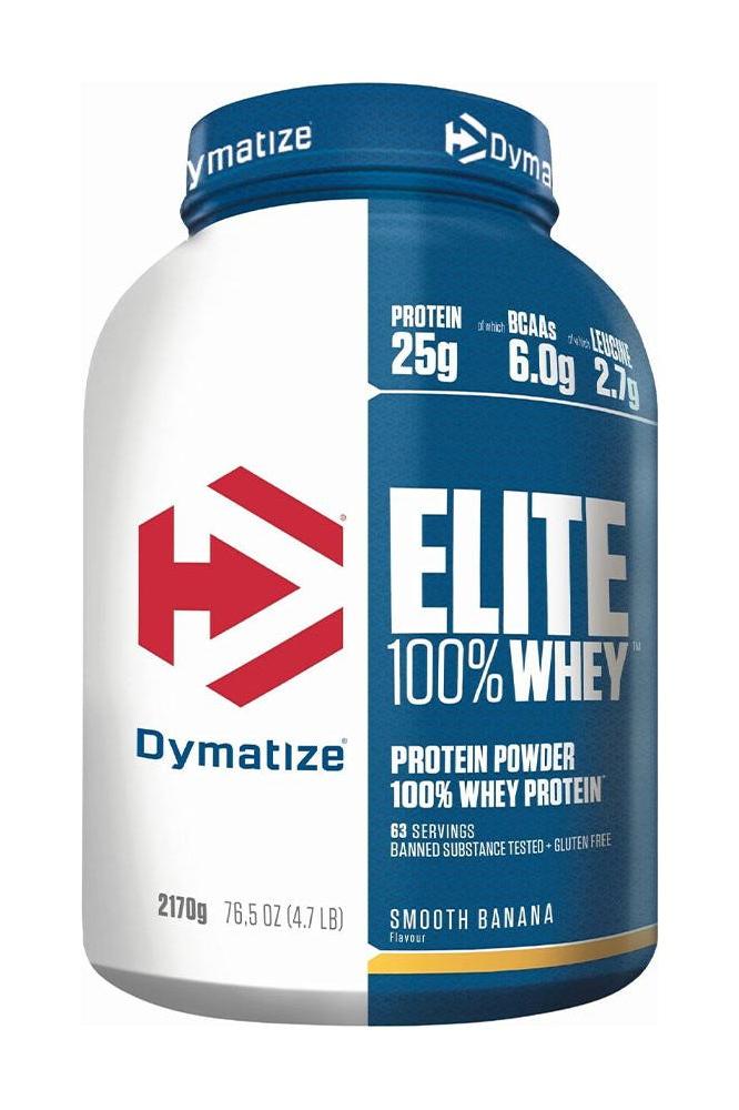 Dymatize Elite 100% Whey protein powder, smooth banana flavor, 25g protein per serving, gluten-free.