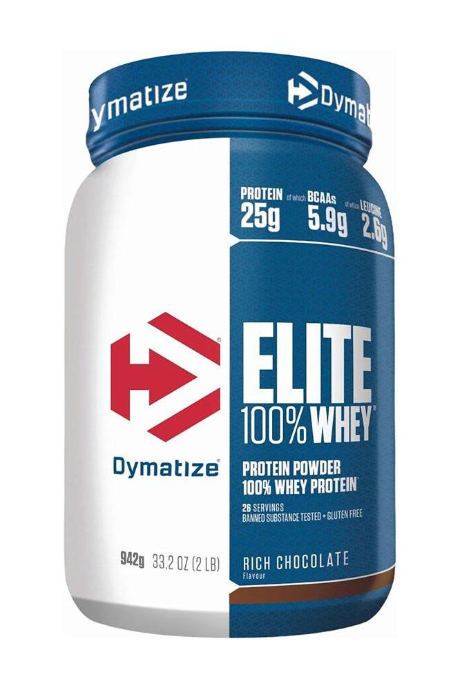 Dymatize Elite 100% Whey protein powder in Rich Chocolate flavor, featuring 25g protein, gluten-free, and tested for banned substances.