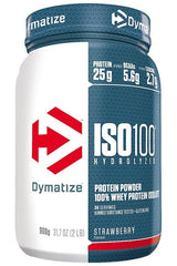 Dymatize ISO-100 hydrolyzed protein powder in strawberry flavor, 25g protein per serving, gluten-free.