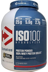 Dymatize ISO-100 hydrolyzed protein powder in strawberry flavor, 25g protein per serving, gluten-free.
