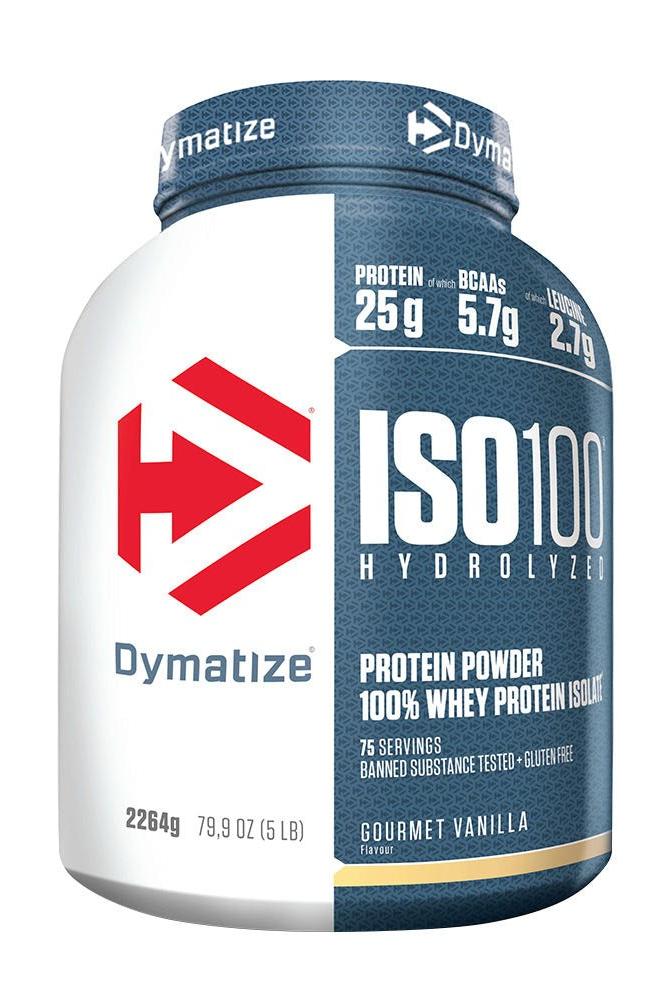 Dymatize ISO100 Hydrolyzed protein powder in gourmet vanilla flavor, 25g protein per serving, low calorie.