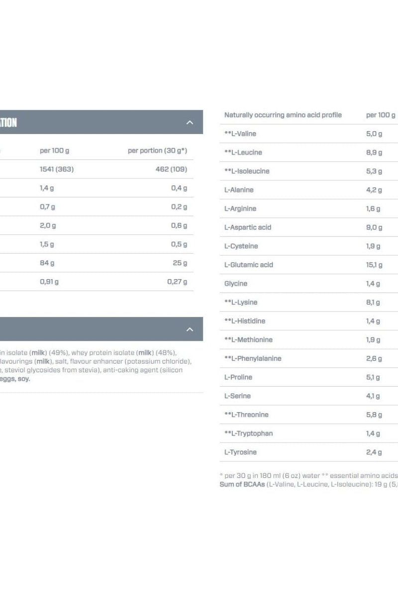 Nutritional information for Dymatize ISO100 Hydrolyzed, including amino acid profile per 100g and per serving.