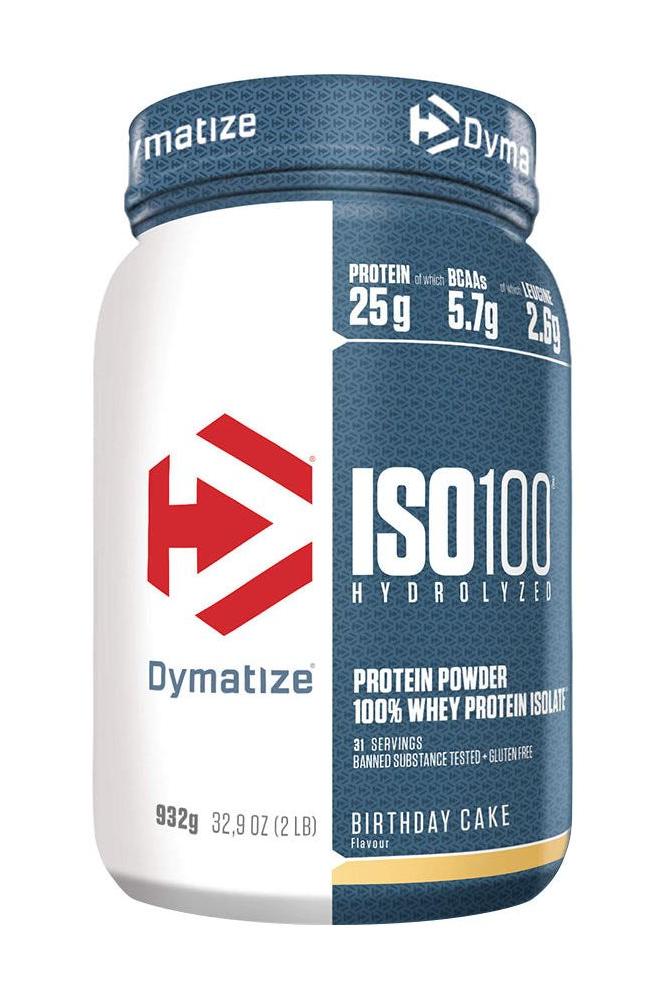 Dymatize ISO100 Hydrolyzed protein powder in Birthday Cake flavor, 25g protein, low calories, BCAA-rich.