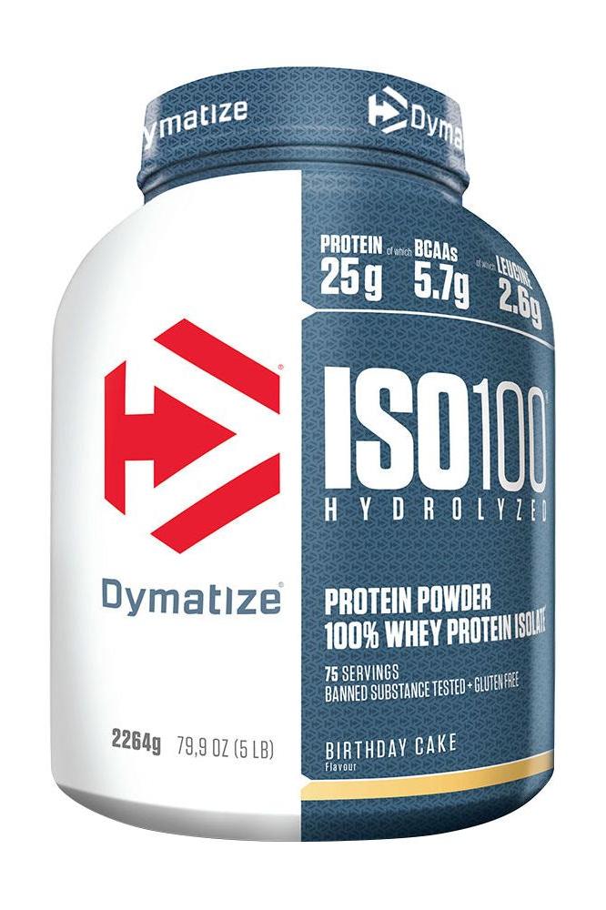 Dymatize ISO100 Hydrolyzed protein powder, 100% whey protein isolate, Birthday Cake flavor, 25g protein per serving.