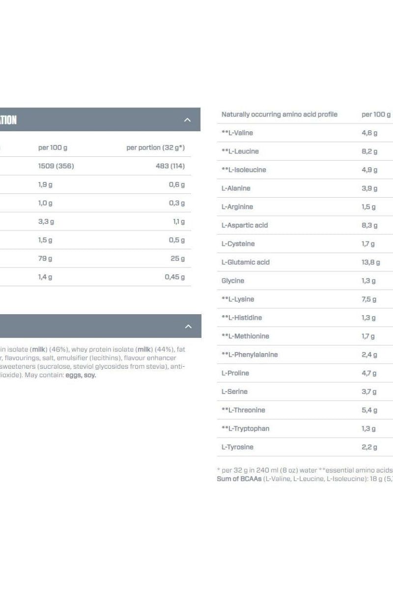 Nutritional information for Dymatize ISO100 Hydrolyzed protein including amino acid profile per 100g and per serving.