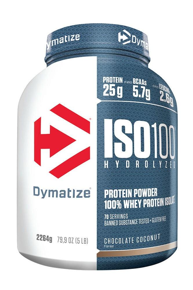 Dymatize ISO100 Hydrolyzed protein powder, 25g protein, rich in BCAAs, low-calorie, chocolate coconut flavor.