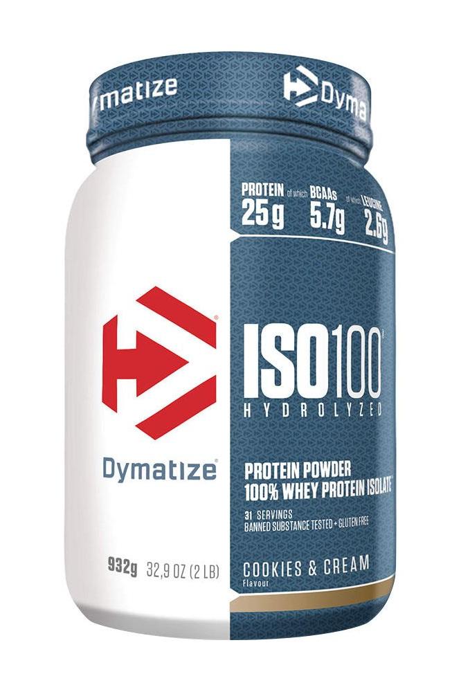 Dymatize ISO100 Hydrolyzed protein powder, cookies and cream flavor, 25g protein, 5.7g BCAAs, 2.5g carbs.