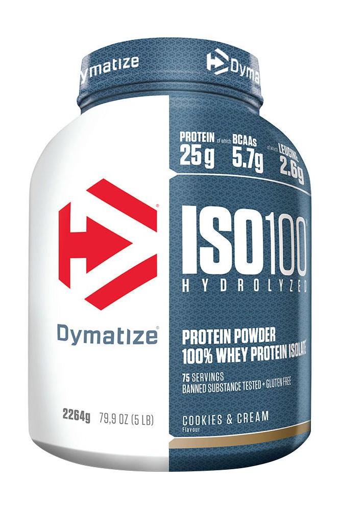 Dymatize ISO100 Hydrolyzed protein powder, 100% whey protein isolate, cookies and cream flavor, 75 servings.