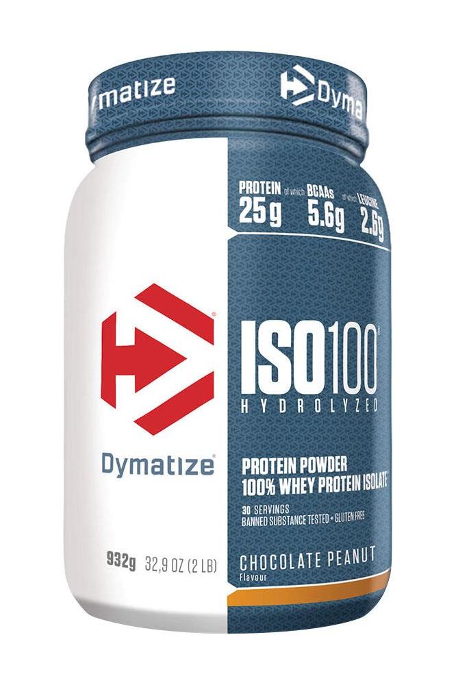 Dymatize ISO100 Hydrolyzed protein powder, Chocolate Peanut flavor, 25g protein, 5.6g BCAA, low calorie.