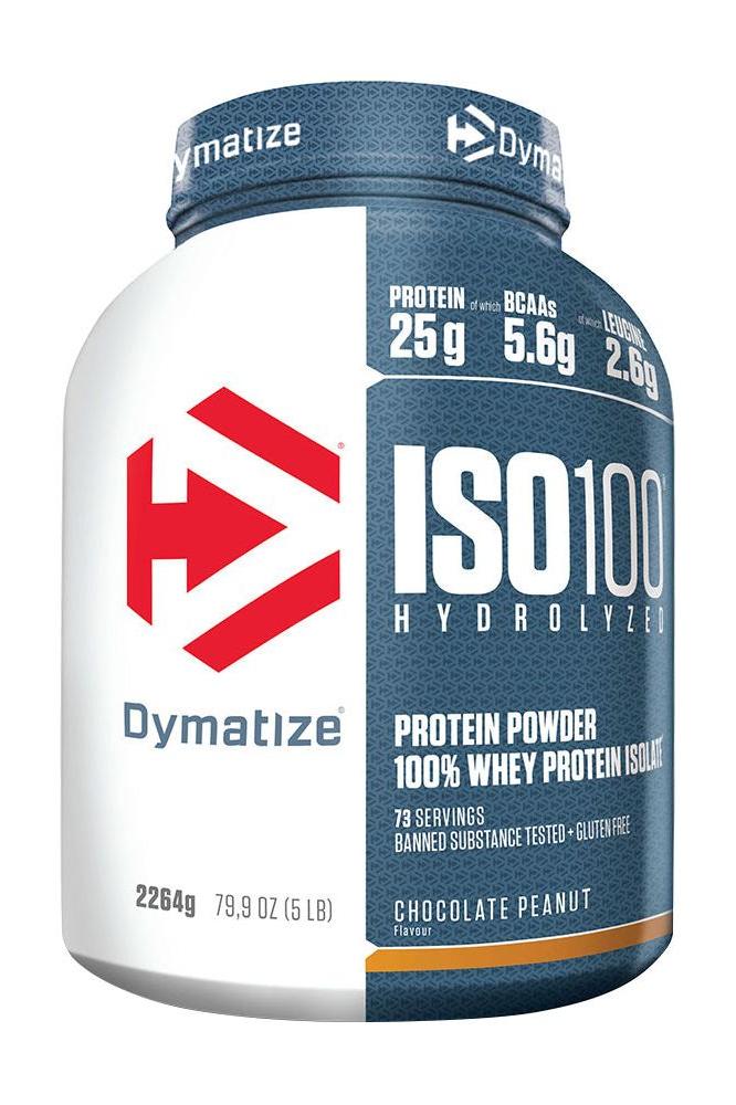 Dymatize ISO100 Hydrolyzed protein powder in Chocolate Peanut flavor, 25g protein per serving, gluten-free.