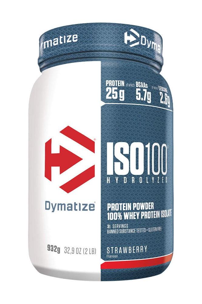 Dymatize ISO100 Hydrolyzed protein powder container with strawberry flavor, 25g protein, low calorie, and BCAA-rich.