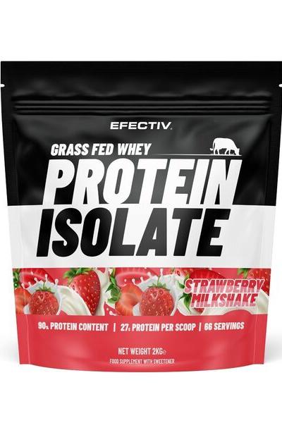 Efectiv Nutrition Grass Fed Whey Protein Isolate, 27g protein per scoop, strawberry milkshake flavor, 2kg packaging.