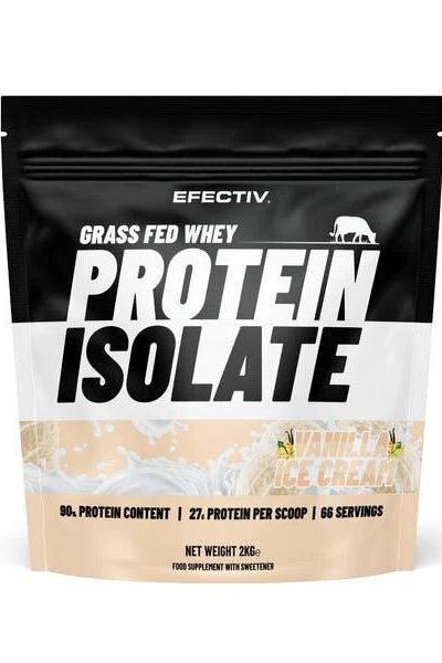 Efectiv Nutrition Grass Fed Whey Protein Isolate bag featuring 90% protein content and vanilla ice cream flavor.