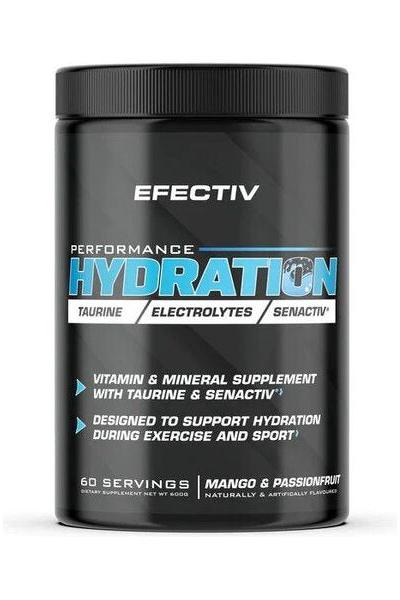 Efectiv Nutrition Performance Hydration powder for hydration with vitamins, minerals, taurine, and Senactiv in mango passionfruit flavor.