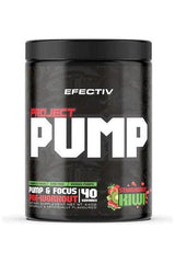 Efectiv Nutrition Project Pump pre-workout supplement for enhanced focus and blood flow, available in strawberry kiwi flavor.