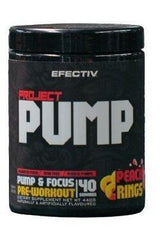Efectiv Nutrition Project Pump pre-workout supplement in Peach Rings flavor for enhanced focus and blood flow.