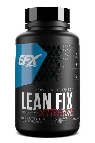 EFX Sports Lean Fix Xtreme dietary supplement bottle with 90 capsules for fat burning and energy boost.