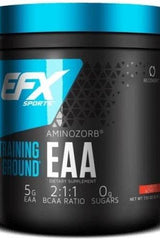 EFX Training Ground EAA dietary supplement tub featuring 5g EAA and 0g sugars for enhanced muscle recovery.