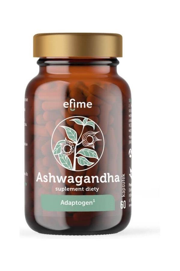 EkaMedica Efime Ashwagandha supplement bottle with 60 capsules, promoting relaxation and mental wellness.