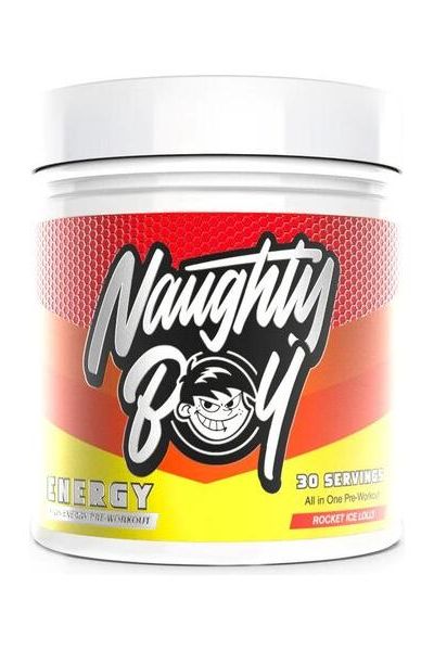 Naughty Boy ENERGY pre-workout supplement in a vibrant container with 30 servings for enhanced performance and focus.