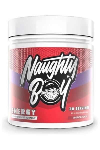 Naughty Boy ENERGY pre-workout supplement in Tropical Punch flavor, 30 servings for enhanced performance and focus.