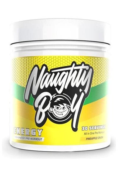 Naughty Boy Energy pre-workout supplement in pineapple flavor, 30 servings for enhanced performance and focus.