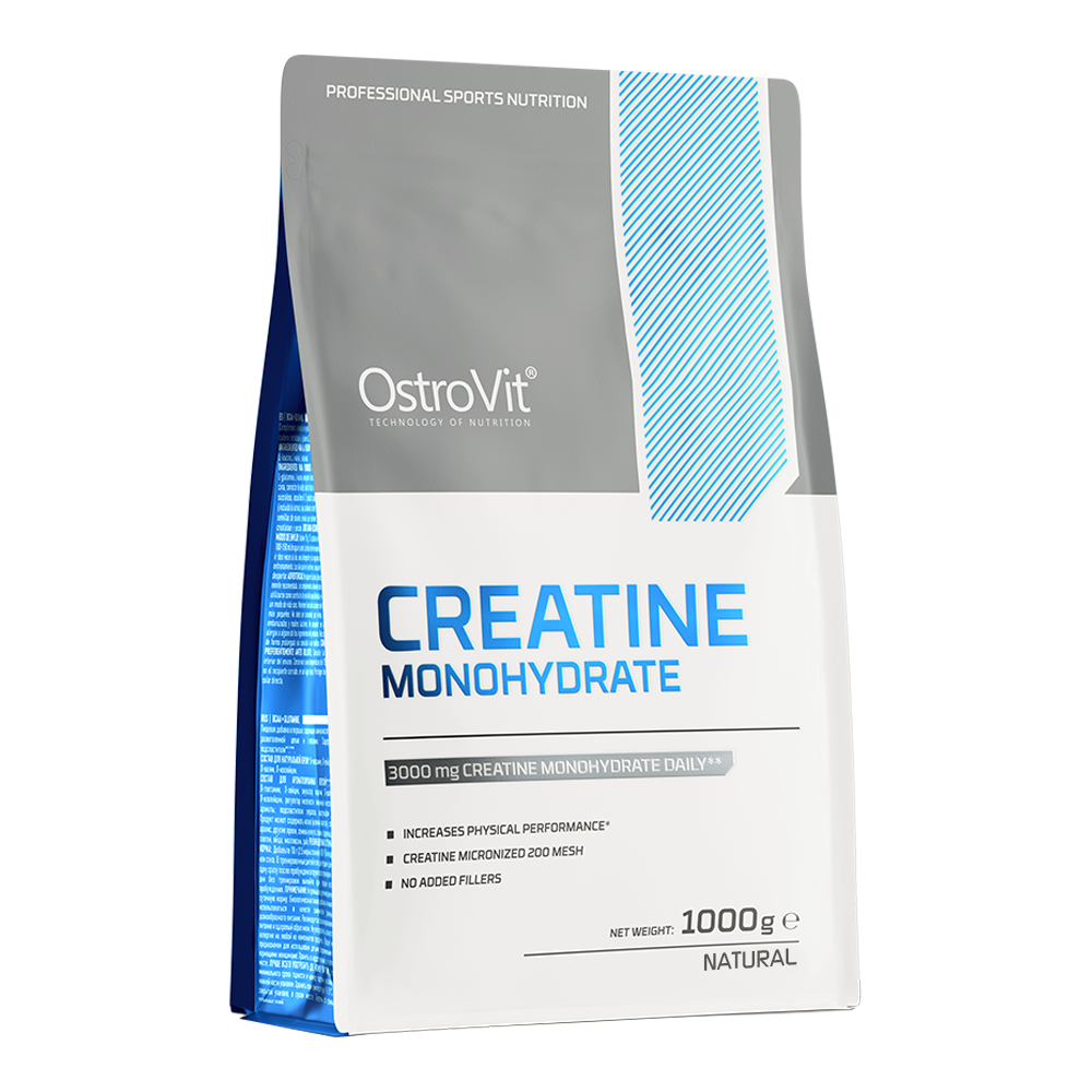 OstroVit Creatine Monohydrate 1000g pack for enhanced strength and endurance in sports nutrition.