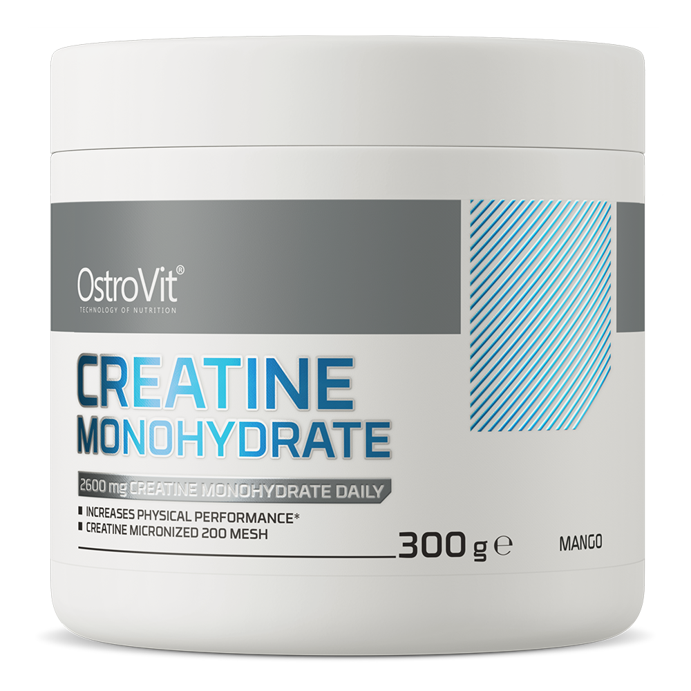 OstroVit Creatine Monohydrate 300g tub in Mango flavor, enhances physical performance and muscle growth.