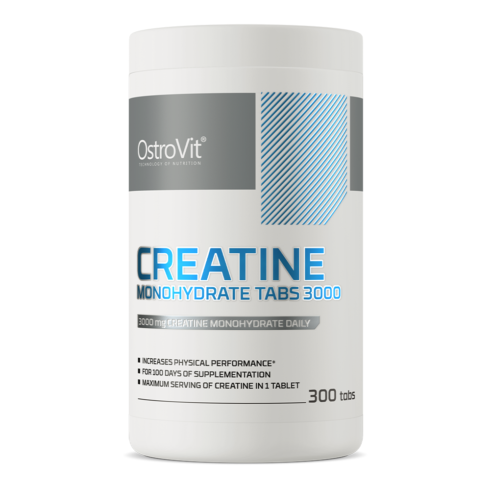 OstroVit Creatine Monohydrate 3000 mg tub for enhancing strength and endurance in muscle growth.