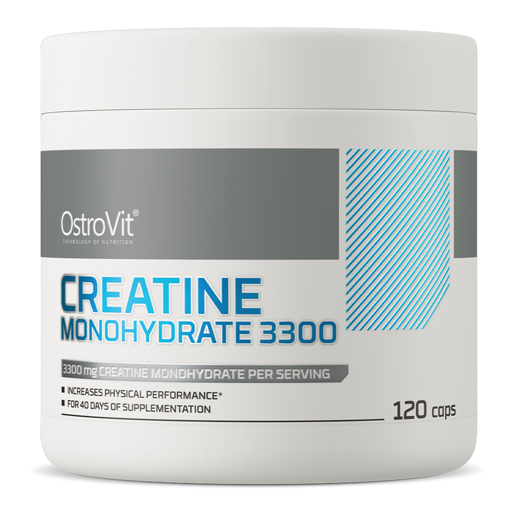 OstroVit Creatine Monohydrate 3300 mg supplement jar, enhances physical performance, 120 capsules, for 40 days use.