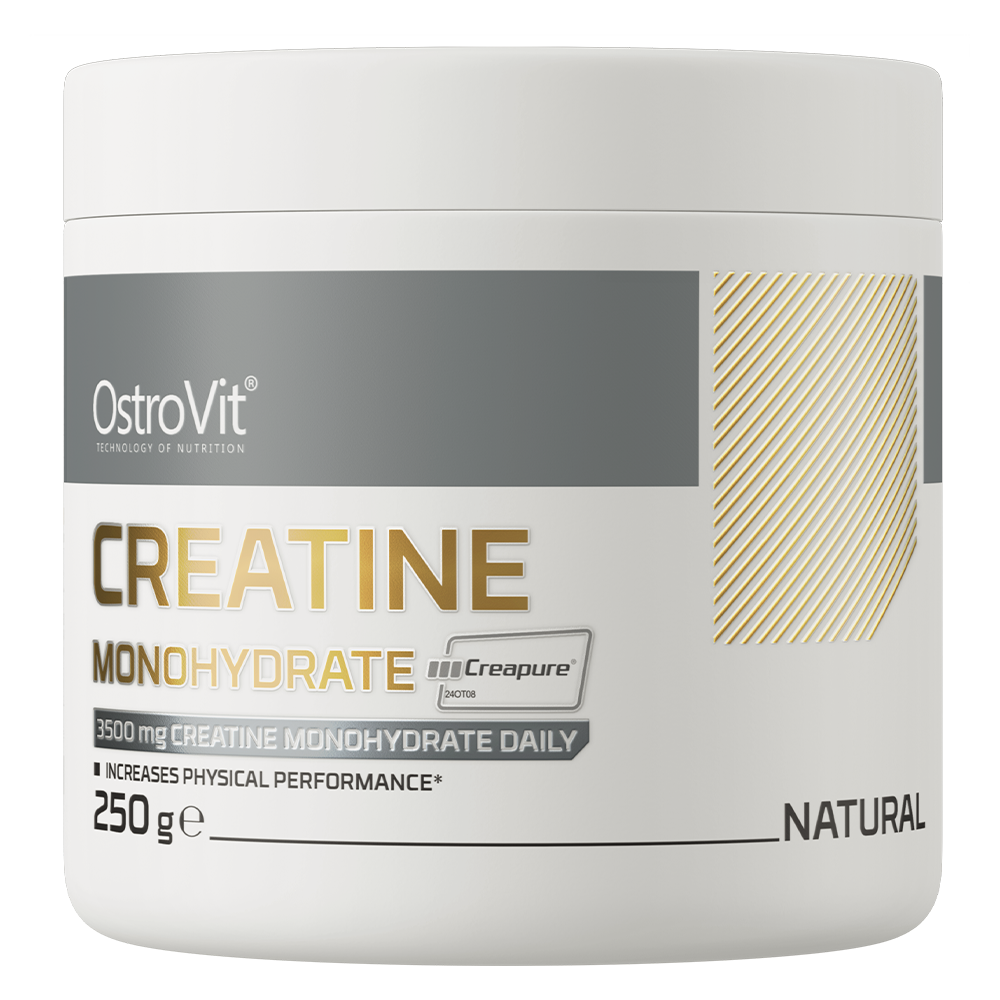 OstroVit Creatine Monohydrate, 250g container, enhances strength and muscle growth, promotes physical performance.