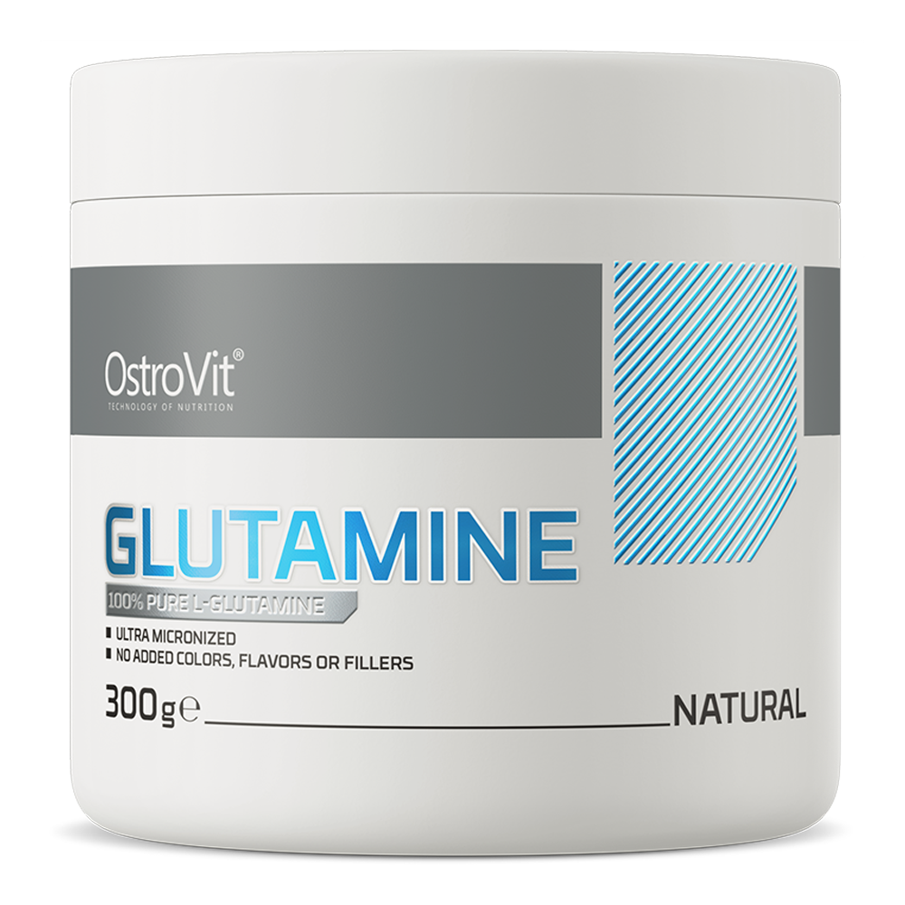 OstroVit Glutamine powder container, 300g, featuring 100% pure L-glutamine, natural flavor, no fillers.