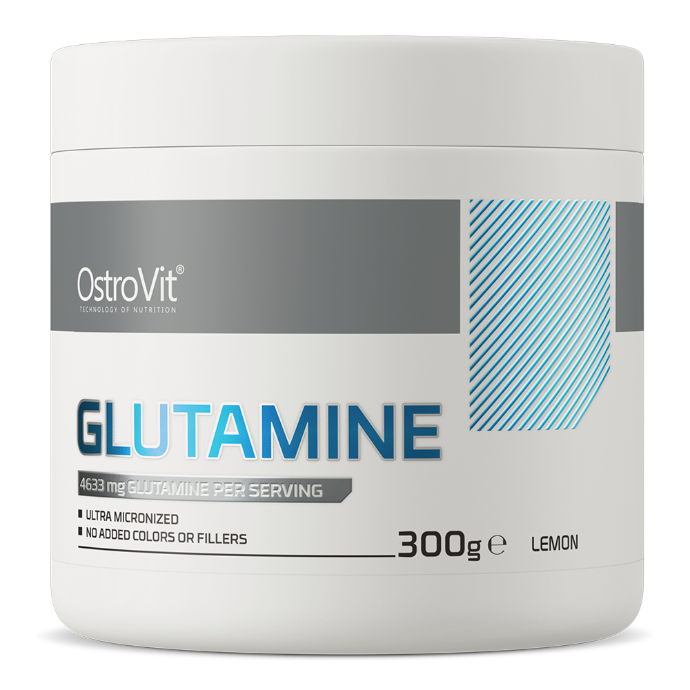 OstroVit Glutamine supplement container, 300g, ultra micronized L-glutamine with lemon flavor.