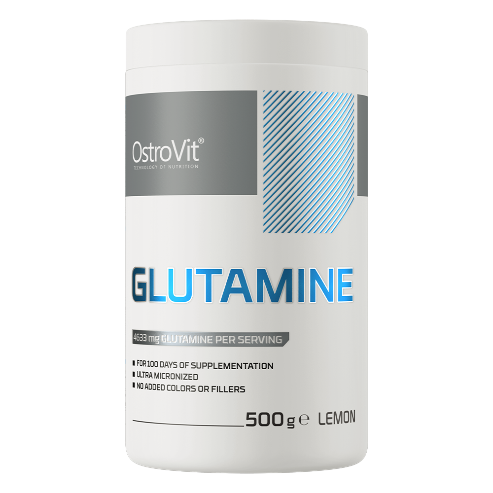 OstroVit Glutamine 500g container, lemon flavor, high-quality L-glutamine supplement for muscle recovery and support.