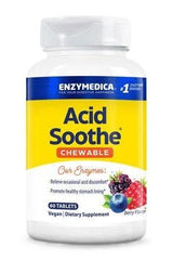 Enzymedica Acid Soothe dietary supplement bottle with berry flavor, 60 chewable tablets for digestive support.