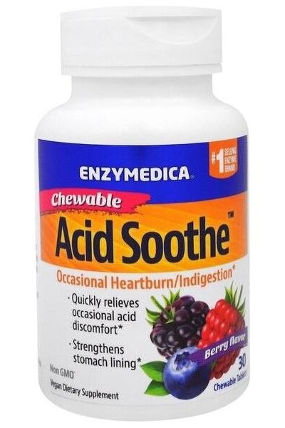 Enzymedica Acid Soothe dietary supplement bottle for heartburn and digestion relief, berry flavor, 30 chewable tablets.