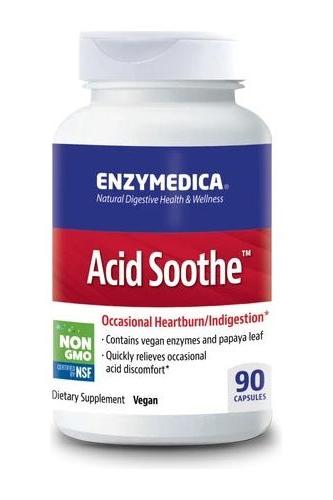 Enzymedica Acid Soothe dietary supplement bottle for heartburn relief with vegan enzymes and papaya leaf.