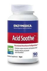Enzymedica Acid Soothe dietary supplement bottle for heartburn relief with vegan enzymes and papaya leaf.