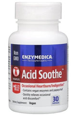 Enzymedica Acid Soothe dietary supplement bottle, 30 vegan capsules for heartburn relief and digestion support.