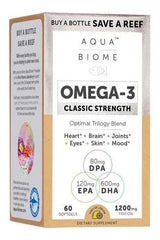 Enzymedica Aqua Biome Omega-3 supplement box featuring nutrition facts and eco-friendly message.