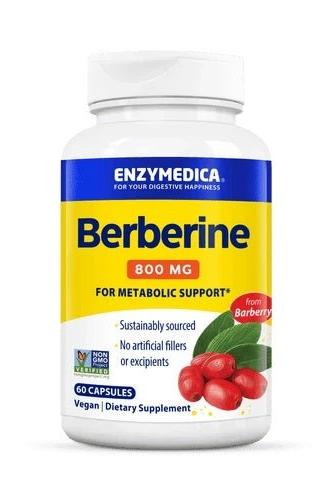Enzymedica Berberine 800 mg dietary supplement for metabolic support, 60 vegan capsules in a bottle.