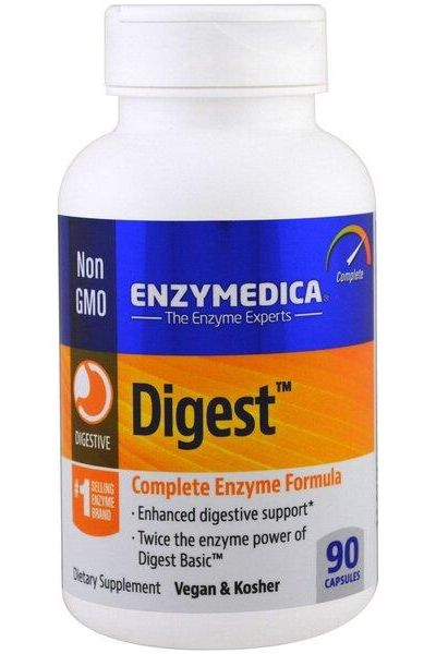 Enzymedica Digest dietary supplement bottle, complete enzyme formula for digestive support, 90 capsules, vegan and kosher.