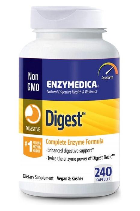Enzymedica Digest supplement bottle promoting enhanced digestive support with complete enzyme formula, 240 capsules.