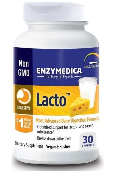 Enzymedica Lacto dietary supplement for improved dairy digestion, lactose, and casein intolerance support, 30 capsules.