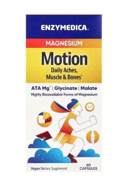 Enzymedica Magnesium Motion supplement box, supports muscle recovery and bone health, vegan dietary capsules.
