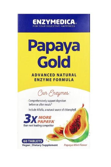Enzymedica Papaya Gold enzyme formula packaging, supports digestion with 3x more papaya, vegan dietary supplement.