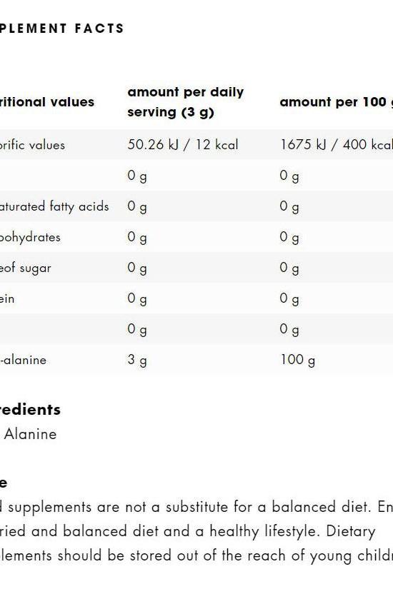 Nutritional facts for ESN Beta-Alanine supplement, detailing ingredients and serving sizes.